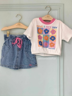 Conjunto Infantil Menina Saia Jeans Blusa Flores Mon Sucré 162