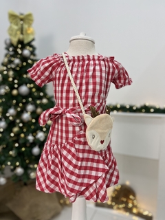 Vestido Infantil Natal Xadrez Vermelho Bolsa Rena 23486