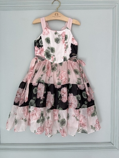 Vestido Infantil Floral Rosé Branco e Preto Barbatana Fashion 272