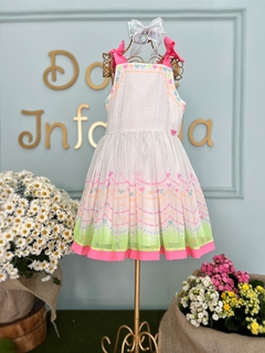 Vestido Infantil Branco Barrado Neon e Alça Laço Rosa Mon Sucré 184 - loja online