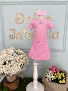 Conjunto Infantil Short Saia Rosa Sarja com Paetê e Blusa Canelada Petit Cherie 058