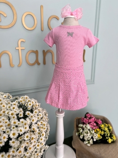 Conjunto Infantil Short Saia Rosa Sarja com Paetê e Blusa Canelada Petit Cherie 058 - Dolce Infanzia