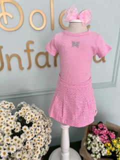 Conjunto Infantil Short Saia Rosa Sarja com Paetê e Blusa Canelada Petit Cherie 058 - loja online