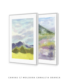 Conjunto de Dois Quadros Decorativos Montanhas Verde e Lilás