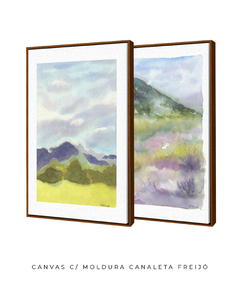 Conjunto de Dois Quadros Decorativos Montanhas Verde e Lilás na internet