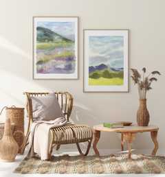 Conjunto de Dois Quadros Decorativos Montanhas Verde e Lilás