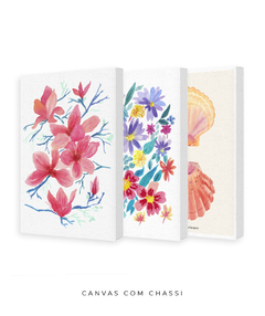 Conjunto de Três Quadros Decorativos em Aquarela, Flores Campo + Camélias + Coquille - Betania Sensini | Arte e Aquarela