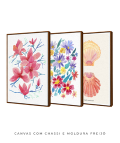 Conjunto de Três Quadros Decorativos em Aquarela, Flores Campo + Camélias + Coquille