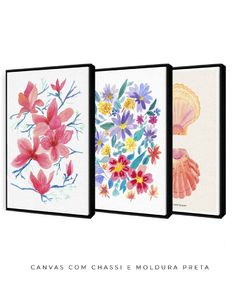 Conjunto de Três Quadros Decorativos em Aquarela, Flores Campo + Camélias + Coquille - comprar online