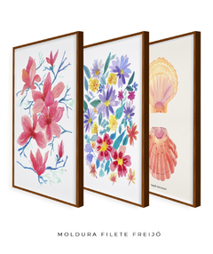 Conjunto de Três Quadros Decorativos em Aquarela, Flores Campo + Camélias + Coquille