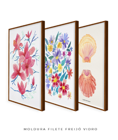 Conjunto de Três Quadros Decorativos em Aquarela, Flores Campo + Camélias + Coquille - comprar online