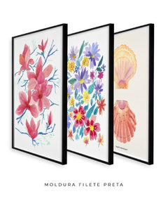 Conjunto de Três Quadros Decorativos em Aquarela, Flores Campo + Camélias + Coquille na internet