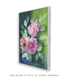 Quadro Decorativo Flores Rosas sobre Fundo Verde - Betania Sensini | Arte e Aquarela