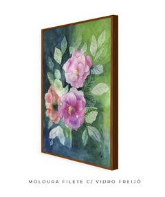 Quadro Decorativo Flores Rosas sobre Fundo Verde - comprar online