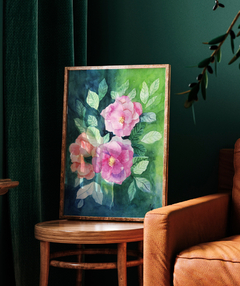 Quadro Decorativo Flores Rosas sobre Fundo Verde - comprar online