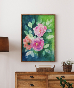 Quadro Decorativo Flores Rosas sobre Fundo Verde na internet