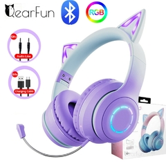 QearFun Gradient Pink Cat ear Headphones with Mic for Kawaii Girls Kids Phone MP - loja online