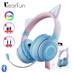 QearFun Gradient Pink Cat ear Headphones with Mic for Kawaii Girls Kids Phone MP - loja online