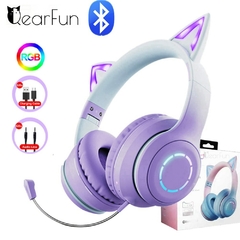 QearFun Gradient Pink Cat ear Headphones with Mic for Kawaii Girls Kids Phone MP - loja online