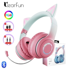 QearFun Gradient Pink Cat ear Headphones with Mic for Kawaii Girls Kids Phone MP