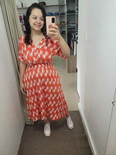 Vestido Leila - Manga Solta, lastex na cintura Laranja Estampado Midi Mullet