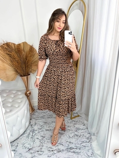 Vestido Duda - Midi manga 3/4 com lastex na cintura Animal Print