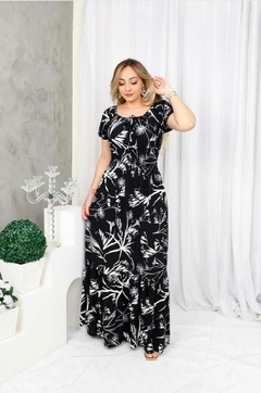 Vestido Gaby Longo com lastex na cintura Preto Estampado