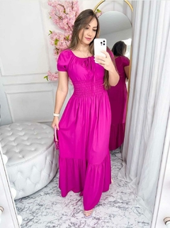 Vestido Gaby Longo manga curta com lastex na cintura - Fucsia