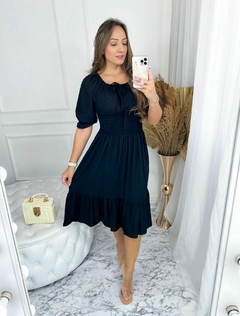 Vestido Duda - Midi manga 3/4 com lastex na cintura Preto