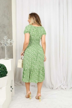 Vestido Manu Midi manga curta com lastex na cintura Verde Floral - comprar online