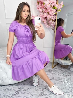 Vestido Manu Midi manga curta com lastex na cintura Lavanda