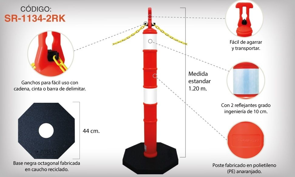 Poste Delimitador Vial De Mts Con Reflejante Y Base Negra