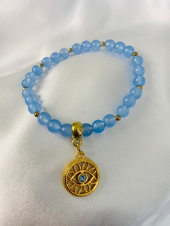 Pulseira em pedra natural Ágata azul com pingente olho grego - comprar online