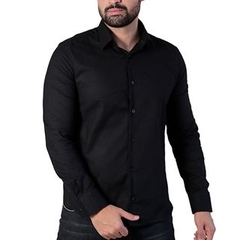 CAMISA SOCIAL MASCULINA MANGA LONGA SLIM FIT FLAMÊ LEVE PRETO