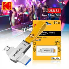 Adaptador USB Flash Drive Metal Kodak K243C USB3.1 Pendrive 32G 64GB 128GB Tipo c OTG 16GB 256GB landyard para chaves cle usb para smartphone - comprar online