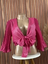 Cropped Feminino Rosa Pink com Brilho Manga Princesa Plissada