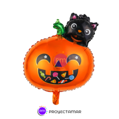 Globo Calabaza Halloween Caramelera con Gatito 20" x5