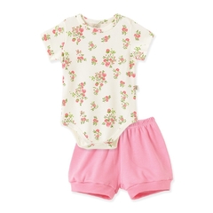 Conjunto Body Florido/ Shorts Rosa Pingo Lelê