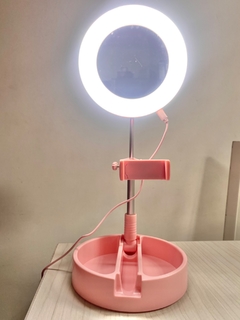 ESPEJO CON ARO LED Y TRIPODE PARA MESA ROSADO - comprar online