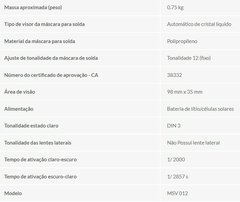 MÁSCARA PARA SOLDA COM ESCURECIMENTO AUTOMÁTICO, TONALIDADE 12 - MSV 012 - VONDER - Sulmed Ferramentas e EPI