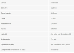 PARAFUSO SEXTAVADO ZINCADO 12 MM X 40 MM, MA, ROSCA TOTAL, VONDER na internet