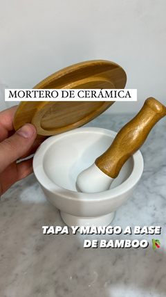 MORTERO DE CERAMICA CON TAPA Y BASE BAMBU