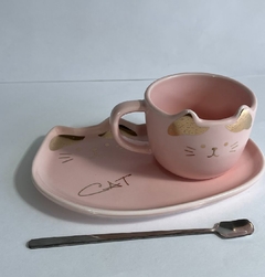 Juego de Té y plato de cerámica gatito rosa