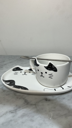 JUEGO DE TE + TAZA CERAMICA BLANCA CON NEGRO - comprar online