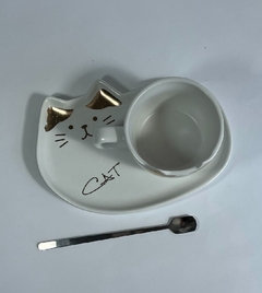 JUEGO TE +PLATO CERAMICA GATITO BLANCO DORADO