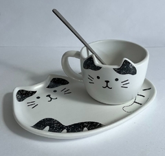 JUEGO DE TE + TAZA CERAMICA BLANCA CON NEGRO