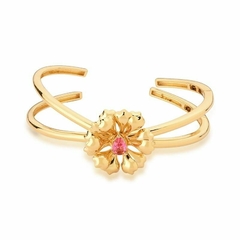 Bracelete Duas Voltas com Flor Rosa Banhado a Ouro