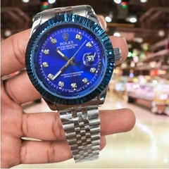 Relógio Rolex DateJust Prata borda azul fundo azul c/caixa premium a prova dagua