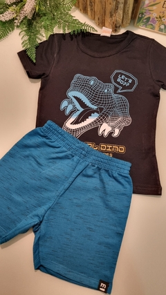 Conjunto Camiseta em Meia Malha Penteada e Bermuda em Moletinho Jet Black Virtual Dino Marlan 42766