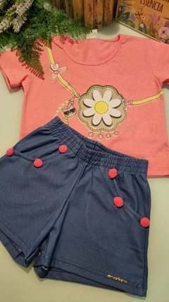 Conjunto Blusa em Meia Malha Penteado e Shorts em Molecotton Jeans 42712